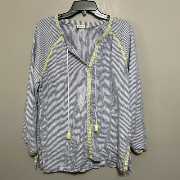 Spartina Women's Tunic Blouse XL 100% Linen Blue White Green Striped Embroidered - Picture 3 of 9